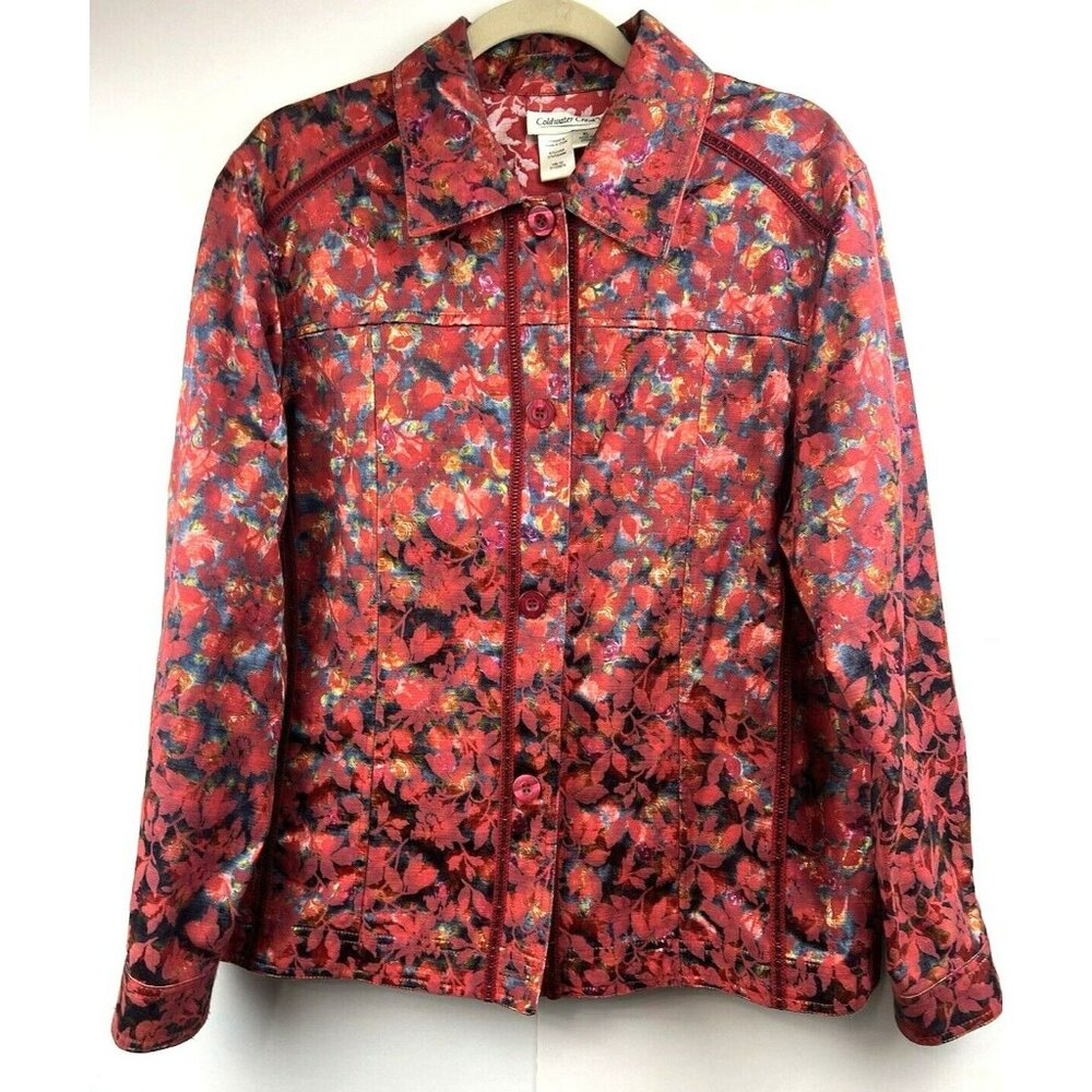 Coldwater Creek Womens Jacket XL Reversible Red Floral Button Up‎ Long Sleeve